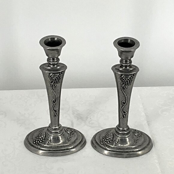 Vintage Pewter 1997 Carson Candle Holders Pair Vineyard Design‎ - Picture 1 of 8